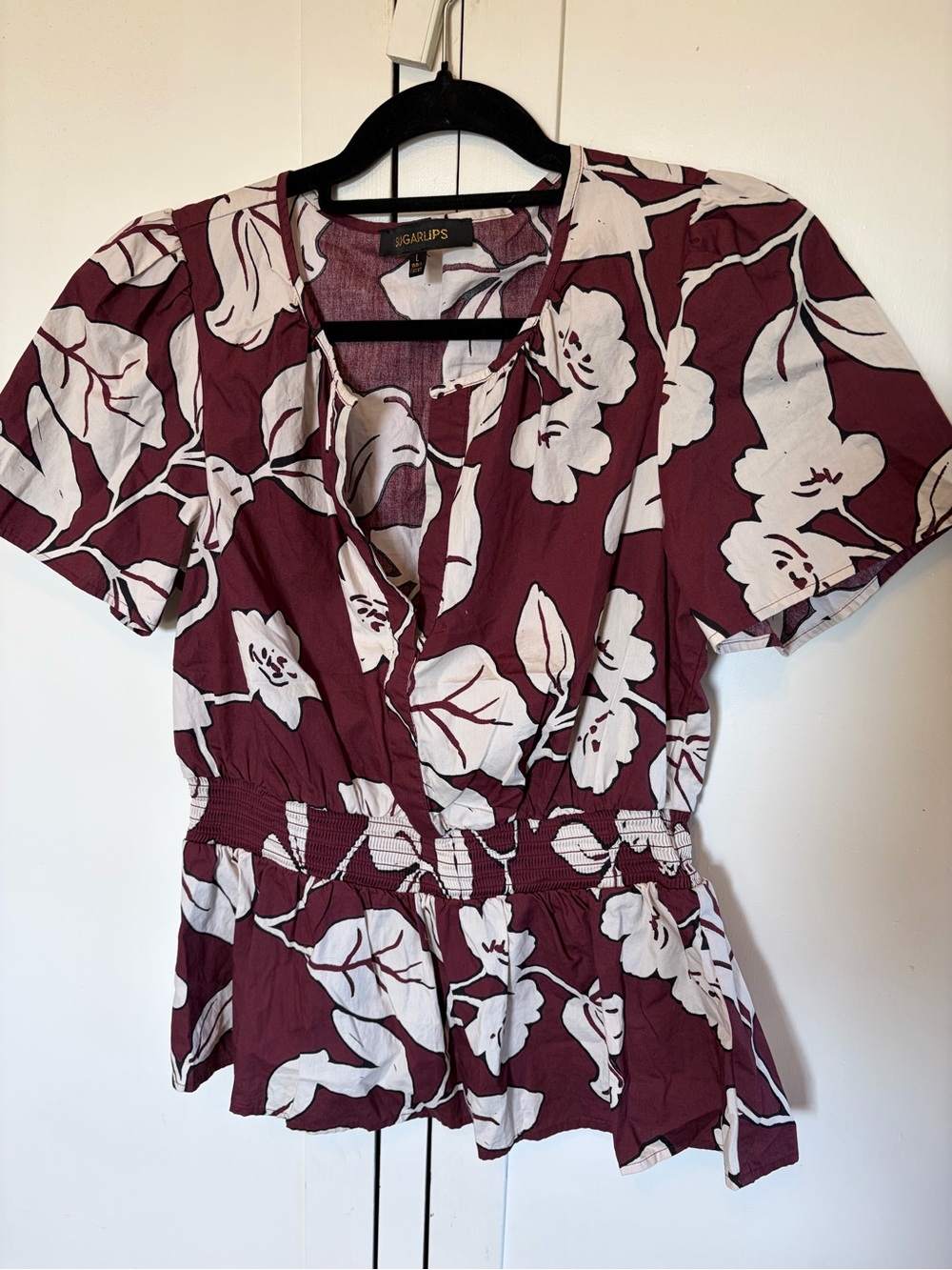 Floral Peplum Top - White on Burgundy
